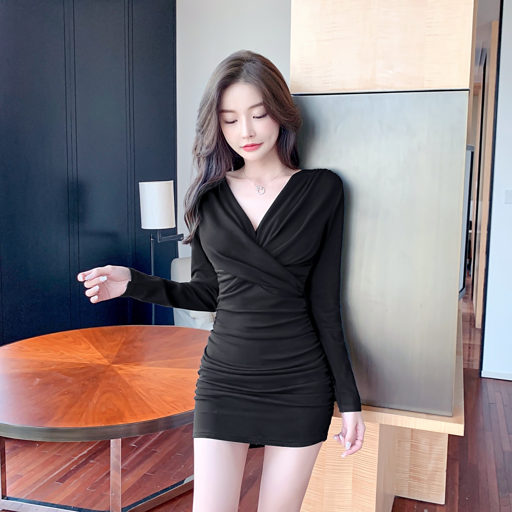 Sexy V-neck long sleeve low-cut tight package hip dress