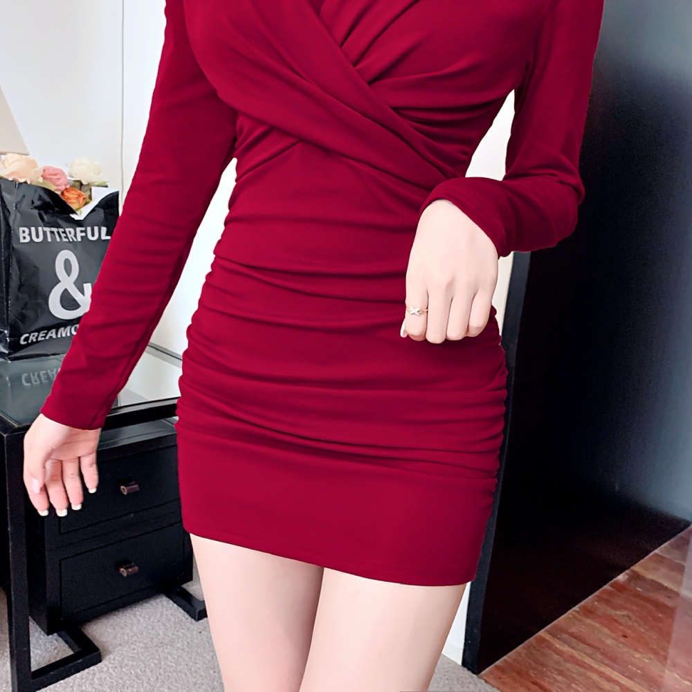 Sexy V-neck long sleeve low-cut tight package hip dress