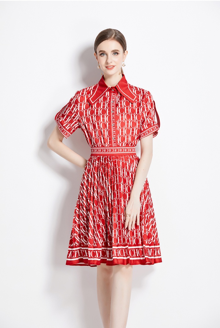 Fashion printing shirt pleated European style dress a set