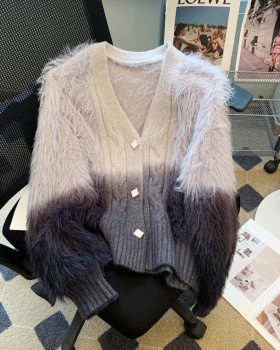Gradient mink hair splice cardigan loose lazy sweater for women