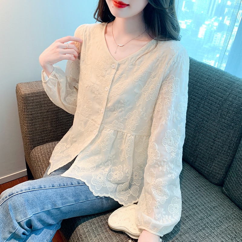 Long sleeve autumn shirt breasted embroidery tops for women