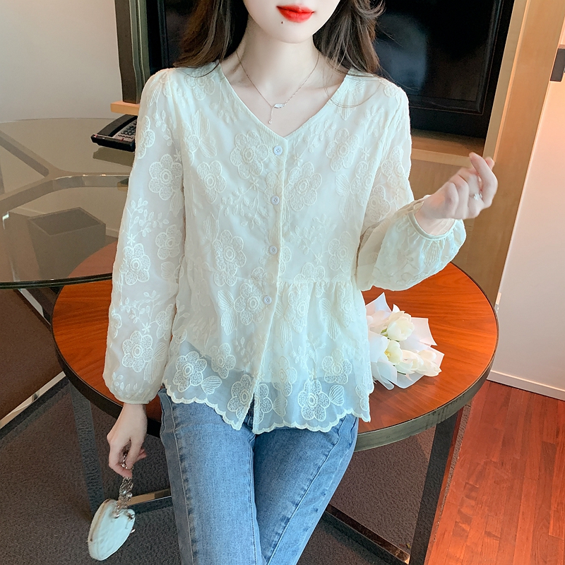Long sleeve autumn shirt breasted embroidery tops for women