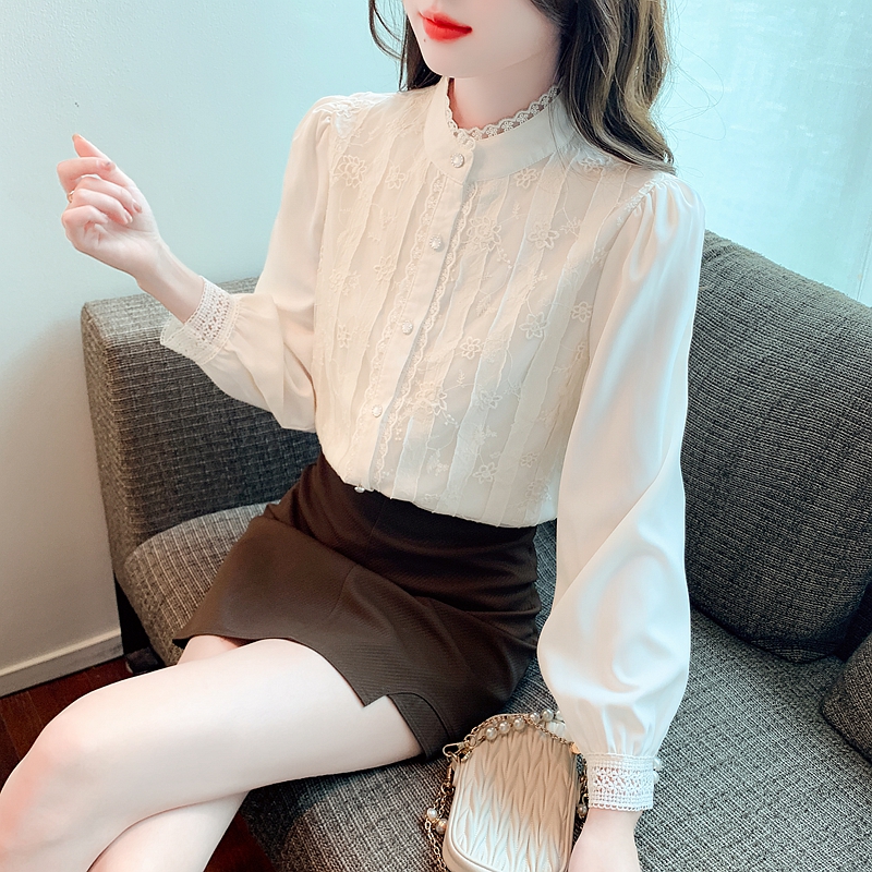 Floral autumn cstand collar retro lace hollow court style shirt