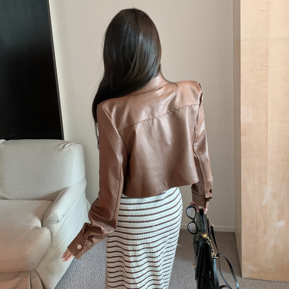 Casual retro tops short leather coat