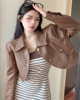 Casual retro tops short leather coat