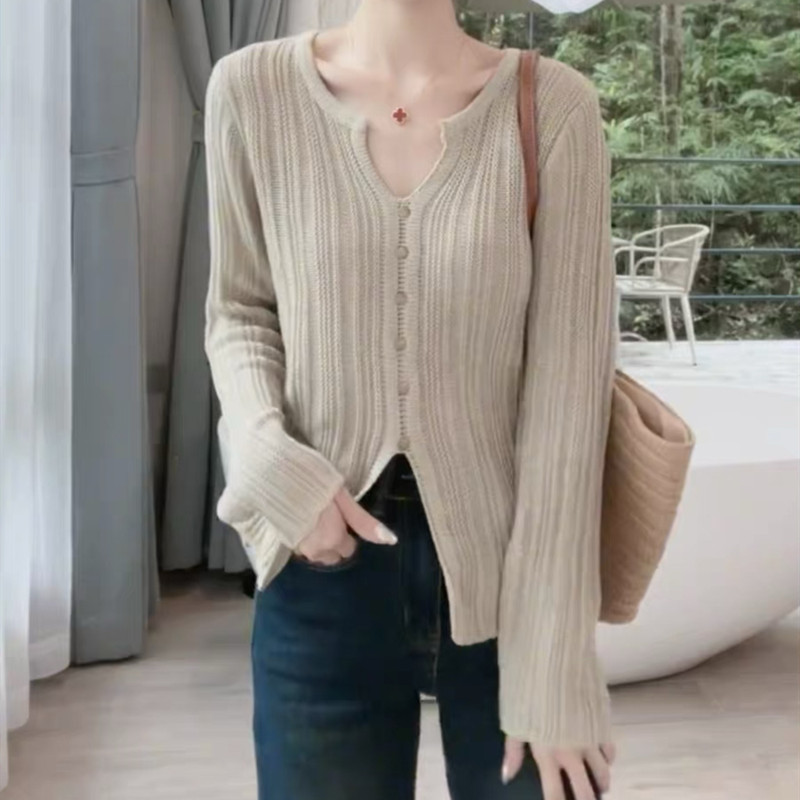 Autumn V-neck knitted sweater long sleeve split tops