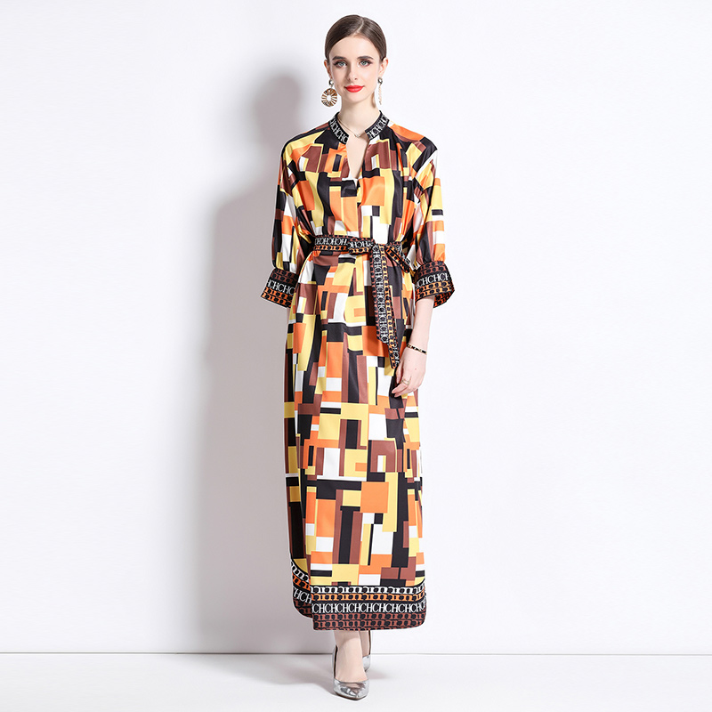 Loose with belt printing European style all-match dress