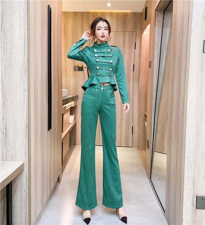 Fashion leather cashmere tops Western style long pants a set