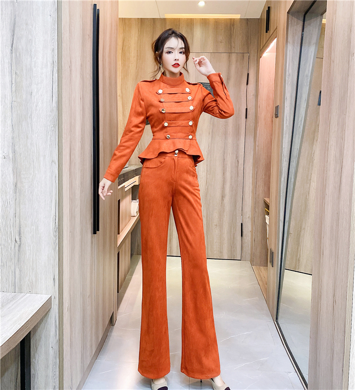 Fashion leather cashmere tops Western style long pants a set