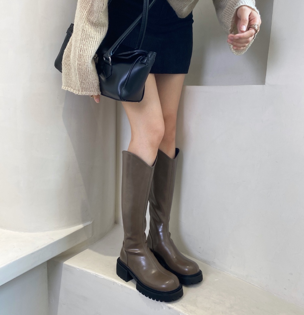 High-heeled Korean style pure thigh boots round cozy boots