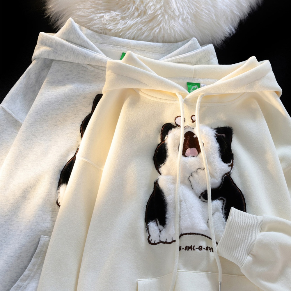 Double milk silk cat hat hooded flocking hoodie for women