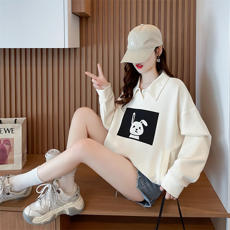 Personality cotton tops loose hem drawstring hoodie