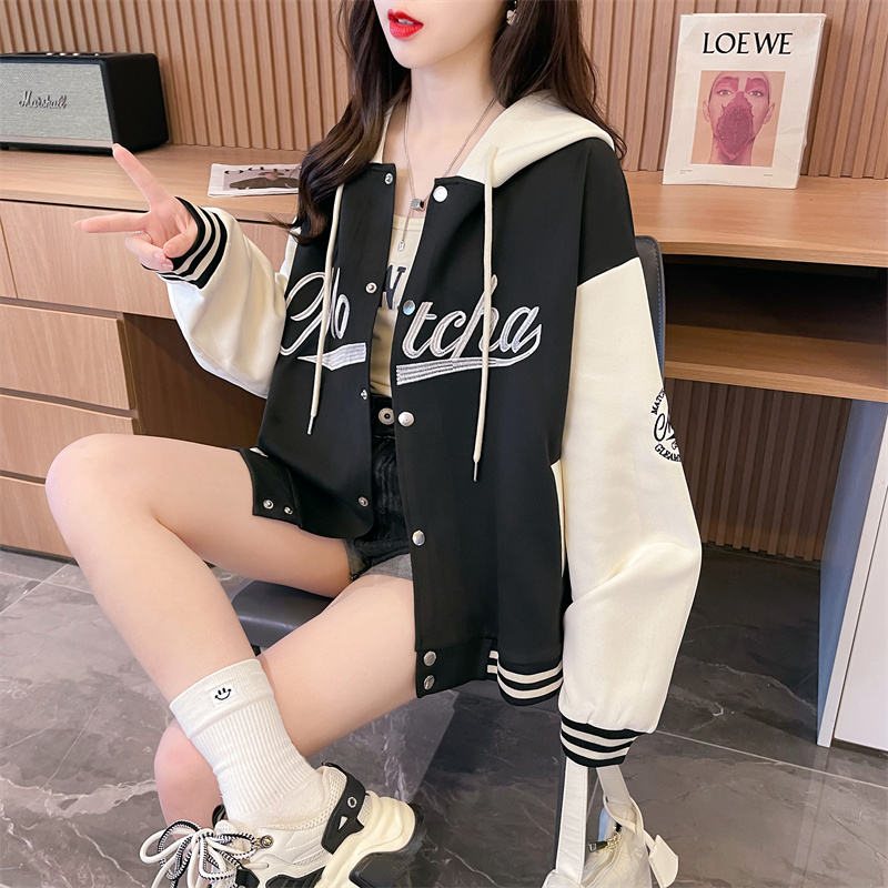 Splice lazy hoodie embroidered cotton tops for women