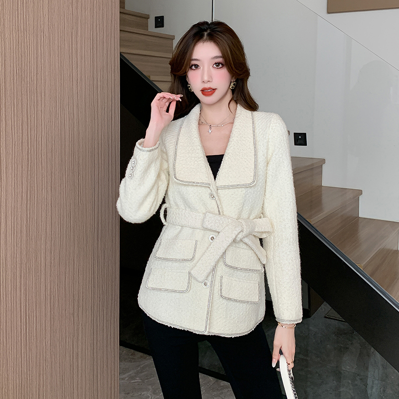 Woolen thin cotton niche white temperament coat