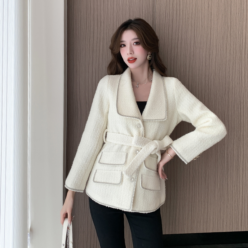 Woolen thin cotton niche white temperament coat