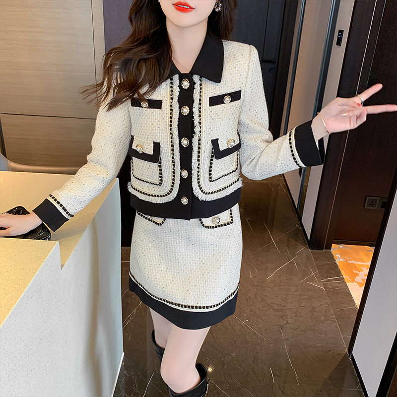 Lapel fashion jacket autumn and winter short skirt 2pcs set