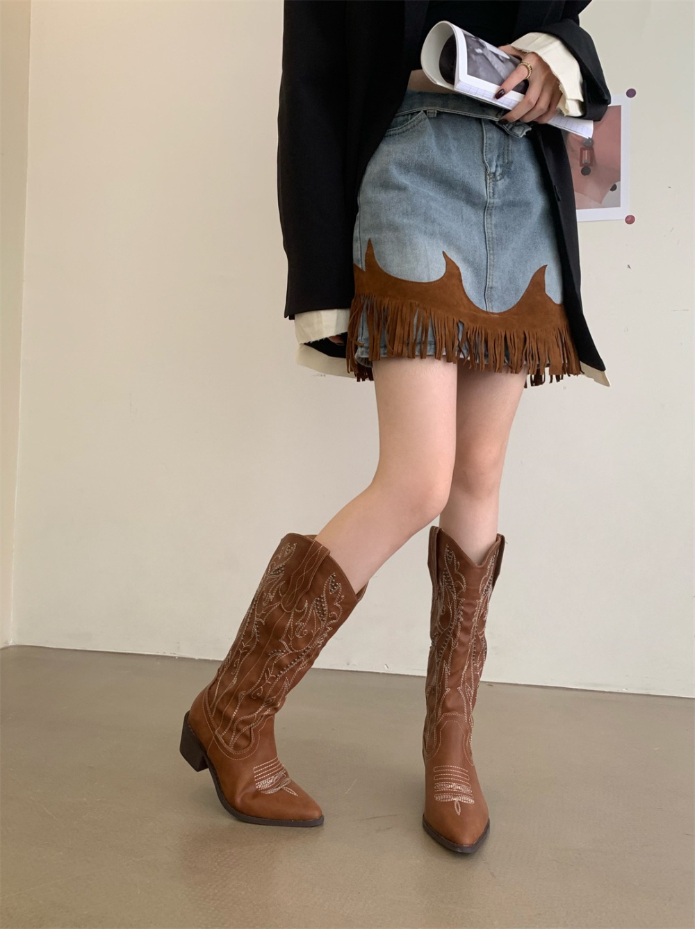 Fashion long tube denim embroidery boots for women