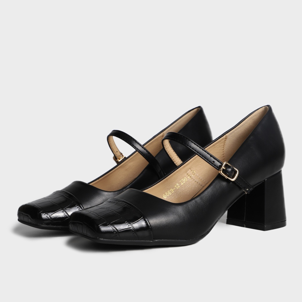 Sheepskin square head pure high-heeled shoes
