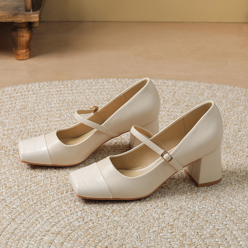 Sheepskin square head pure high-heeled shoes