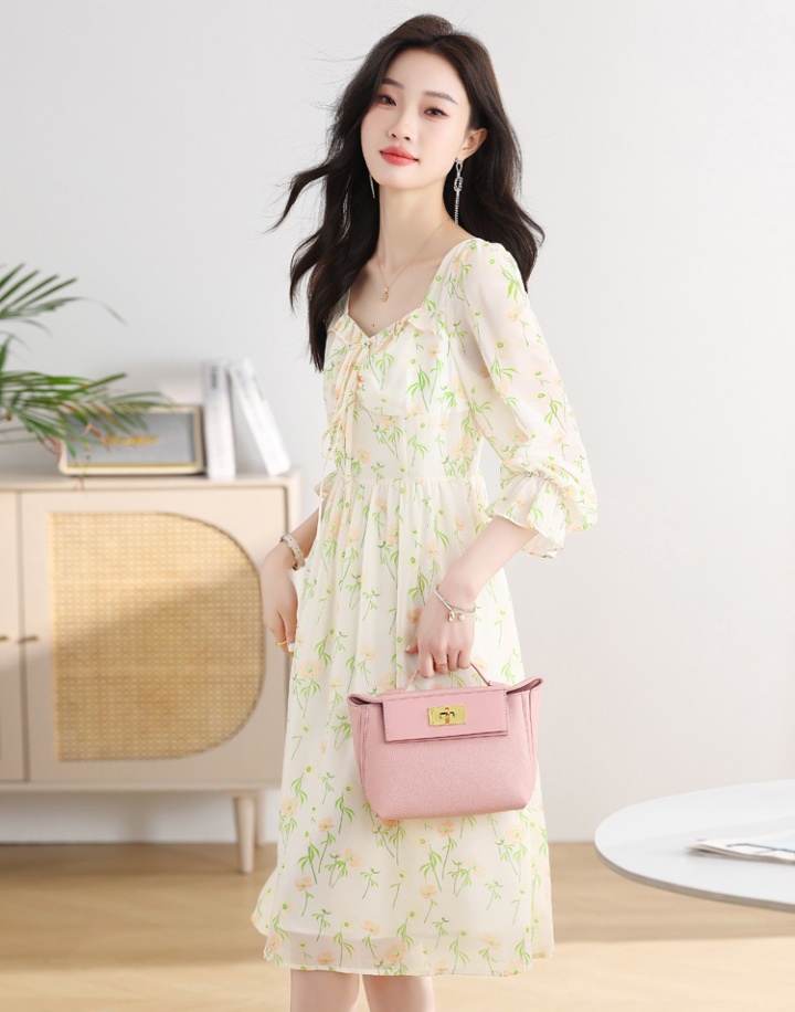 Long sleeve spring and autumn niche long floral dress