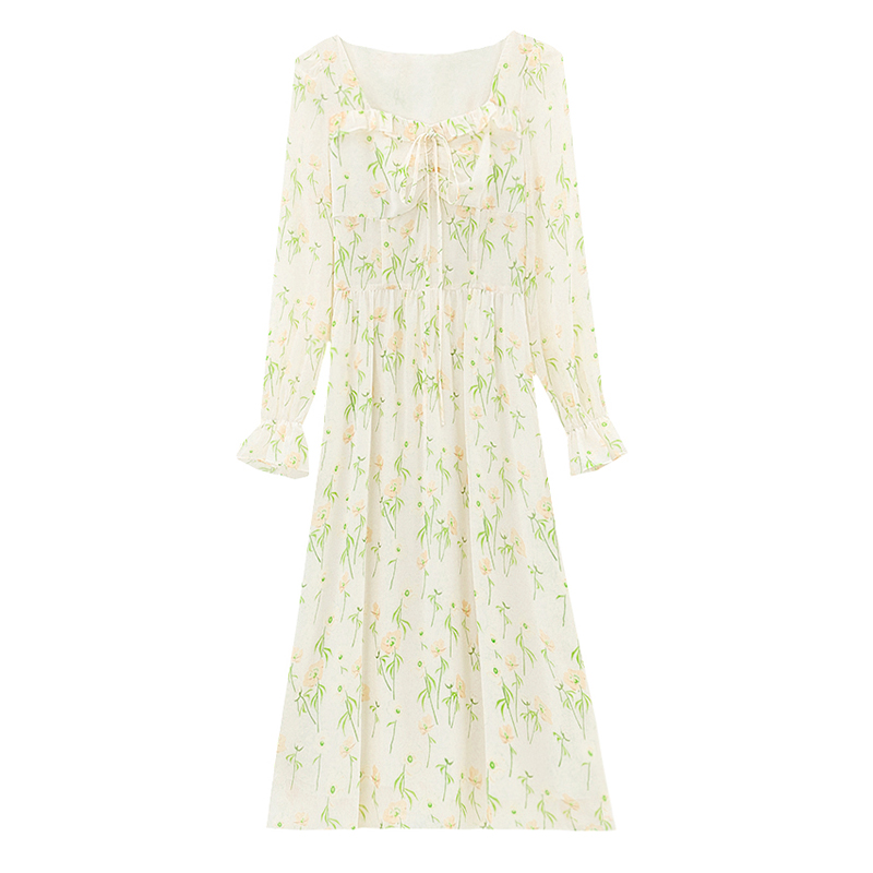 Long sleeve spring and autumn niche long floral dress