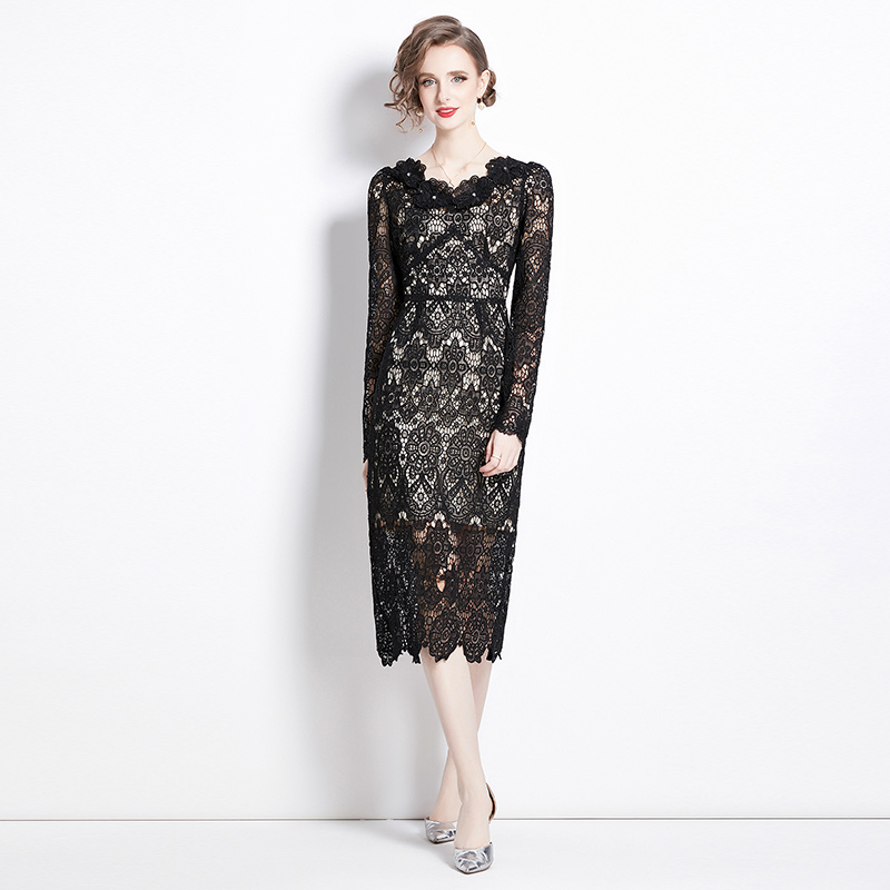 Slim long V-neck temperament lace dress for women