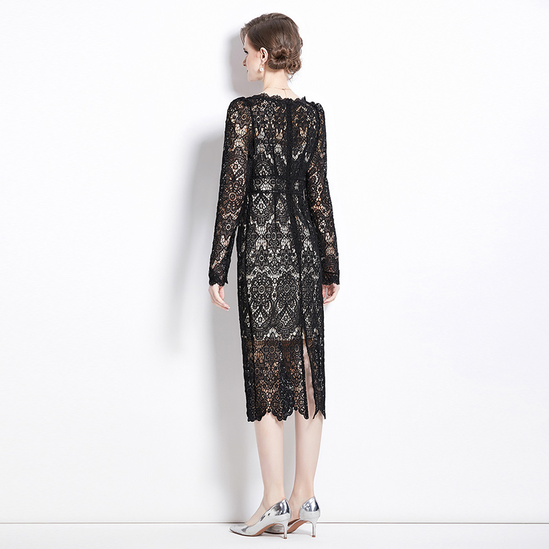 Slim long V-neck temperament lace dress for women