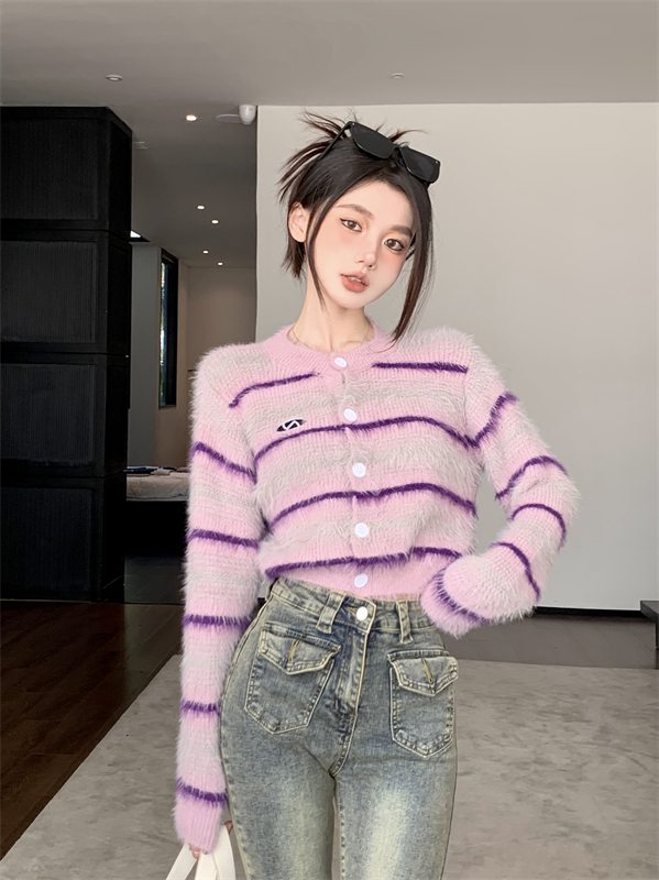 Stripe autumn and winter tops knitted purple cardigan