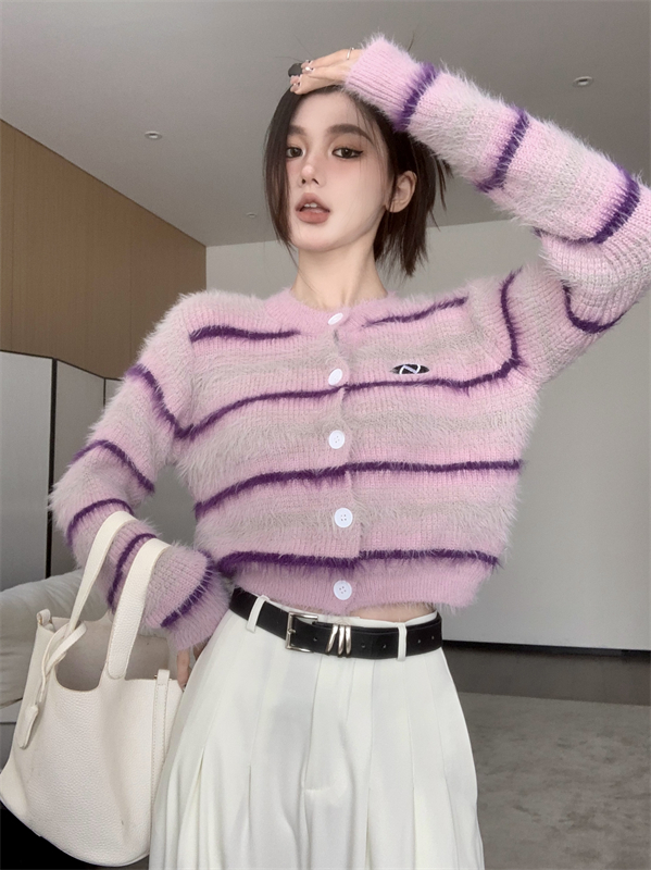 Stripe autumn and winter tops knitted purple cardigan