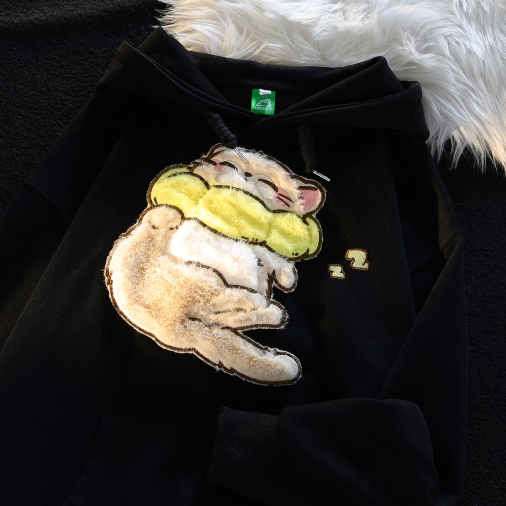 Cat embroidery hoodie flocking double couple clothes for women
