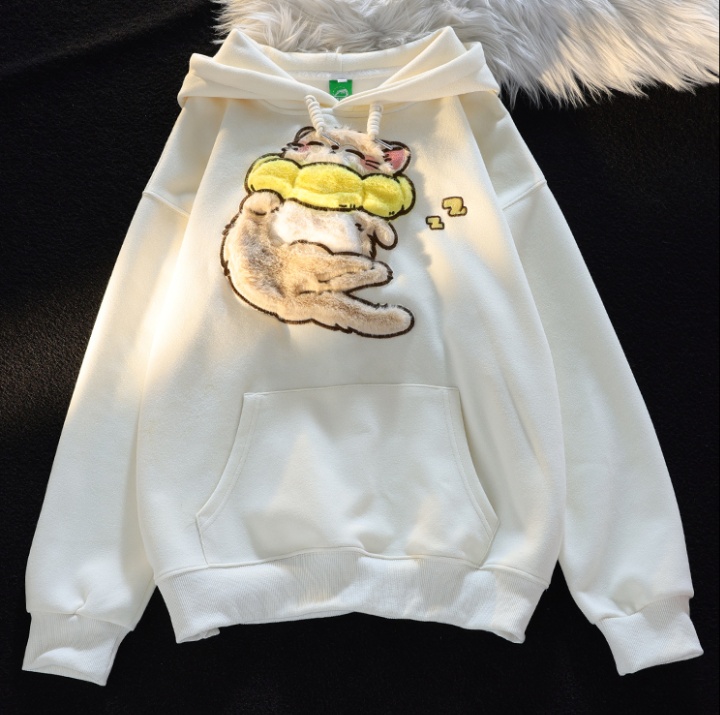 Cat embroidery hoodie flocking double couple clothes for women