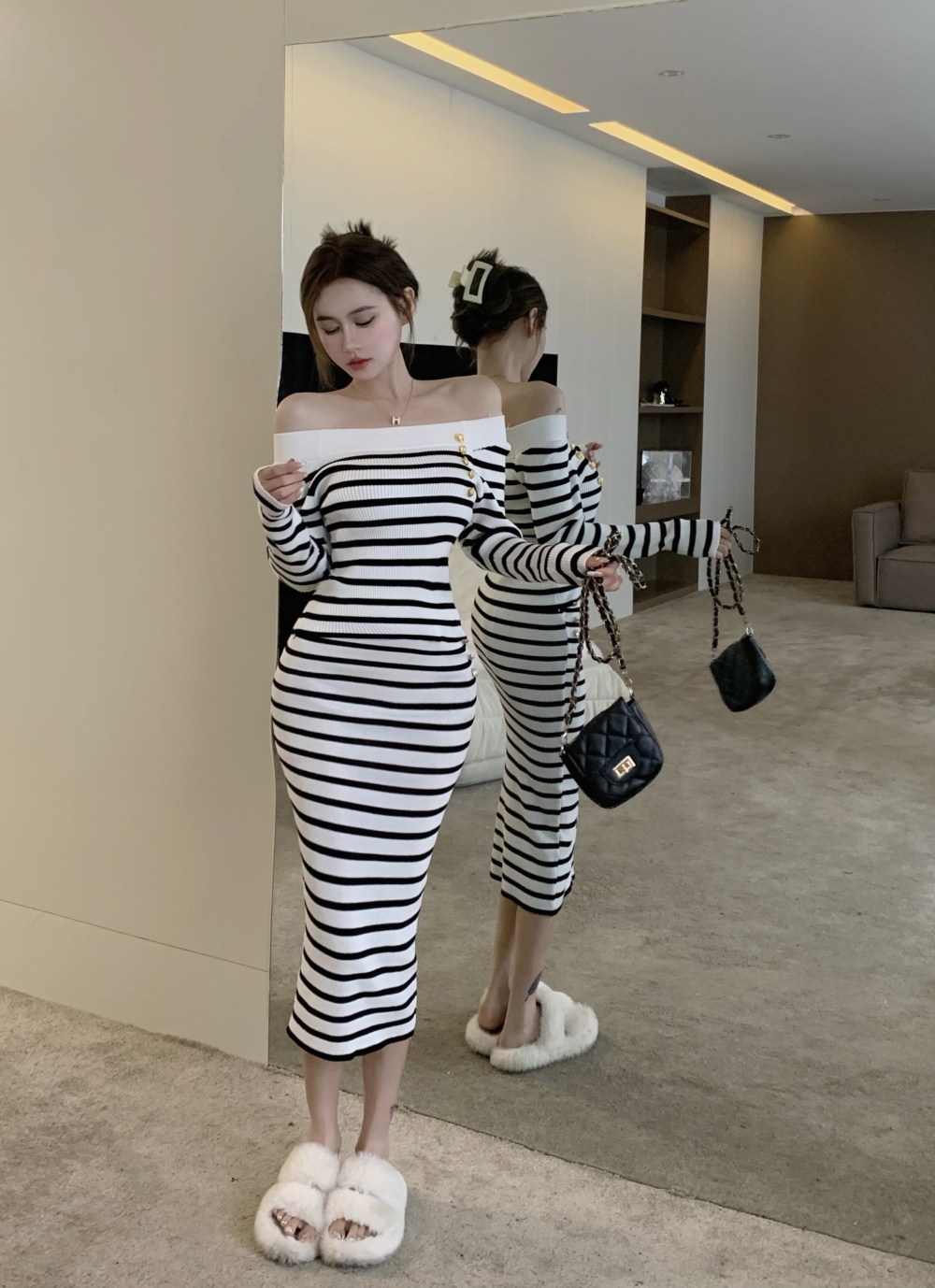 Sexy stripe skirt horizontal collar high waist tops 2pcs set