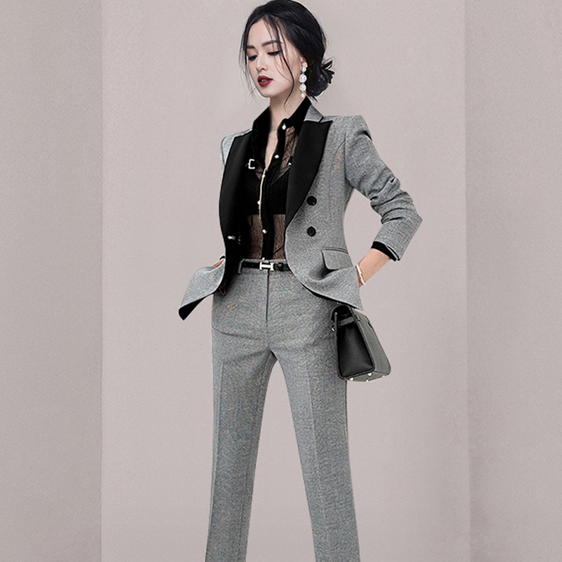 Profession fashion coat plaid slim suit pants 2pcs set