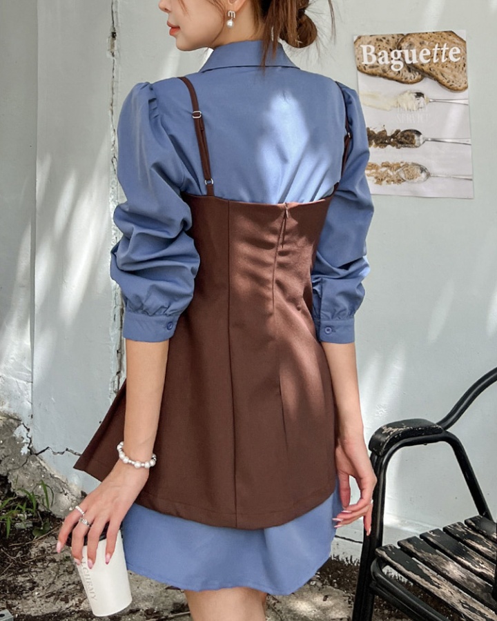 Fashion autumn strap dress slim crimp shirt 2pcs set