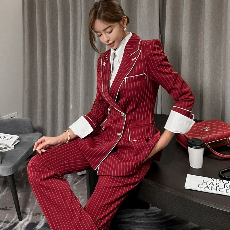 Double-breasted stripe business suit a set for women