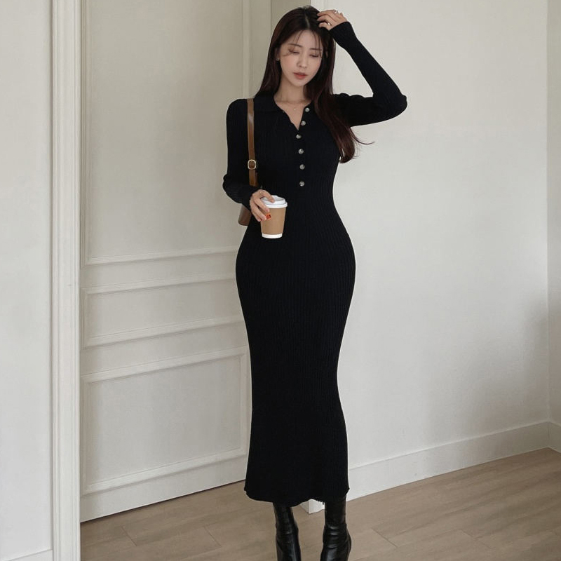 Knitted slim long dress Korean style dress for women