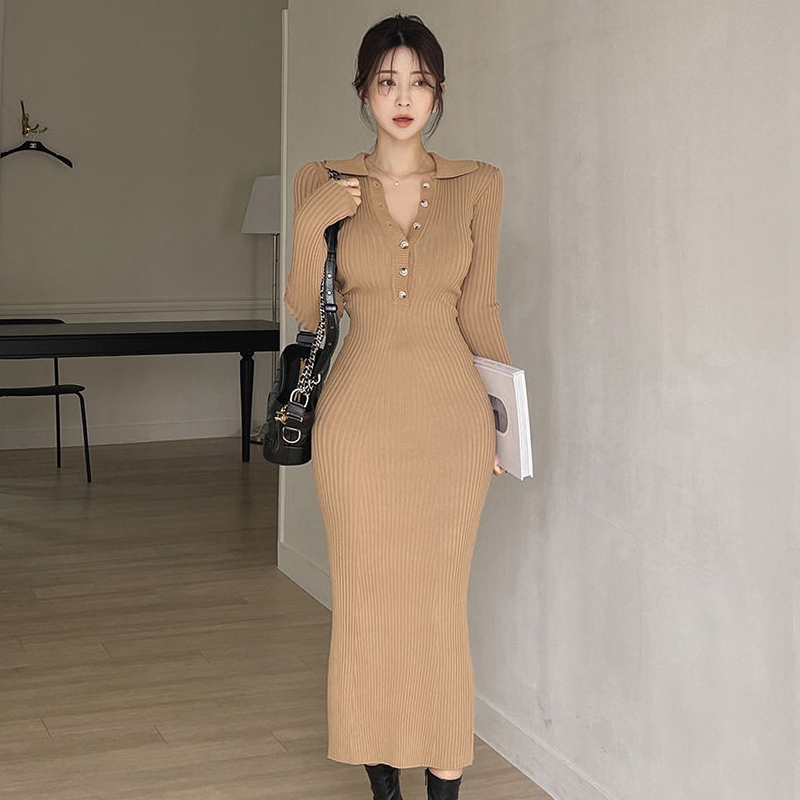 Knitted slim long dress Korean style dress for women