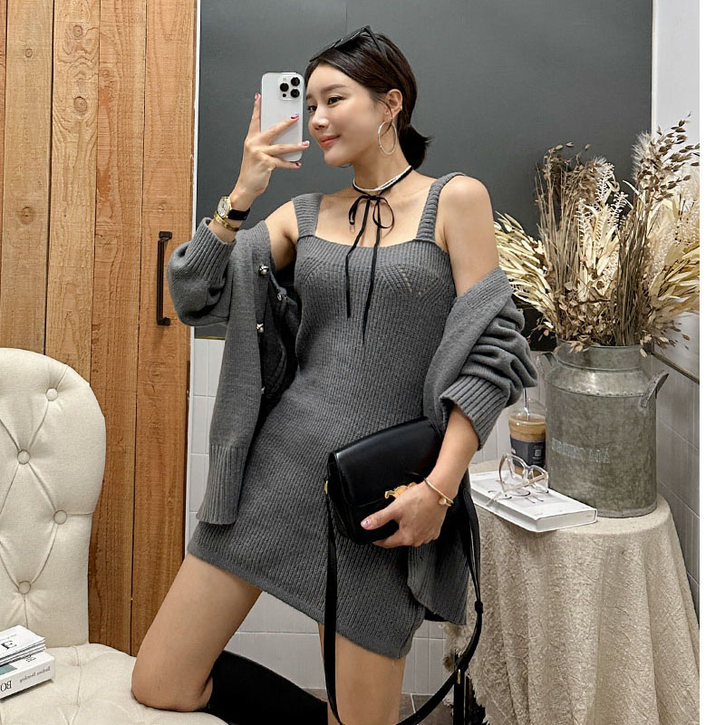 Long sleeve cozy sweater knitted cardigan 2pcs set