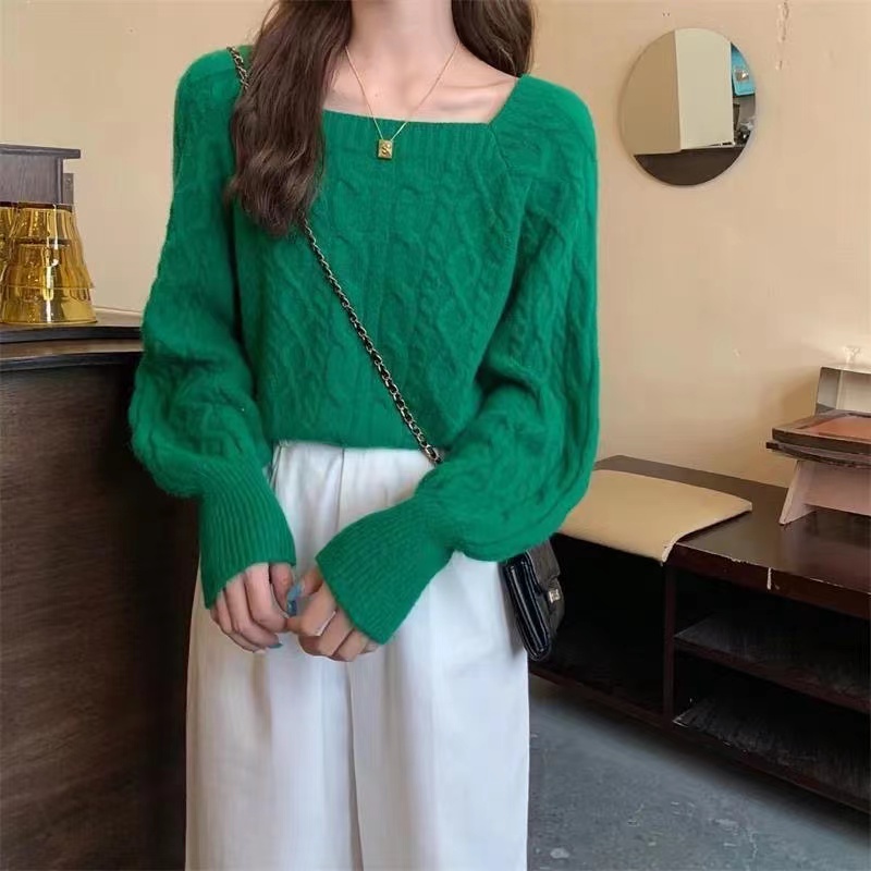 Twist retro Korean style thick slim pinched waist sweater for women