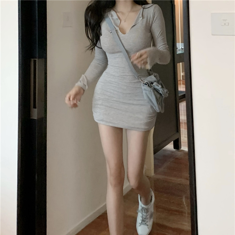 Autumn and winter long sleeve T-back package hip dress