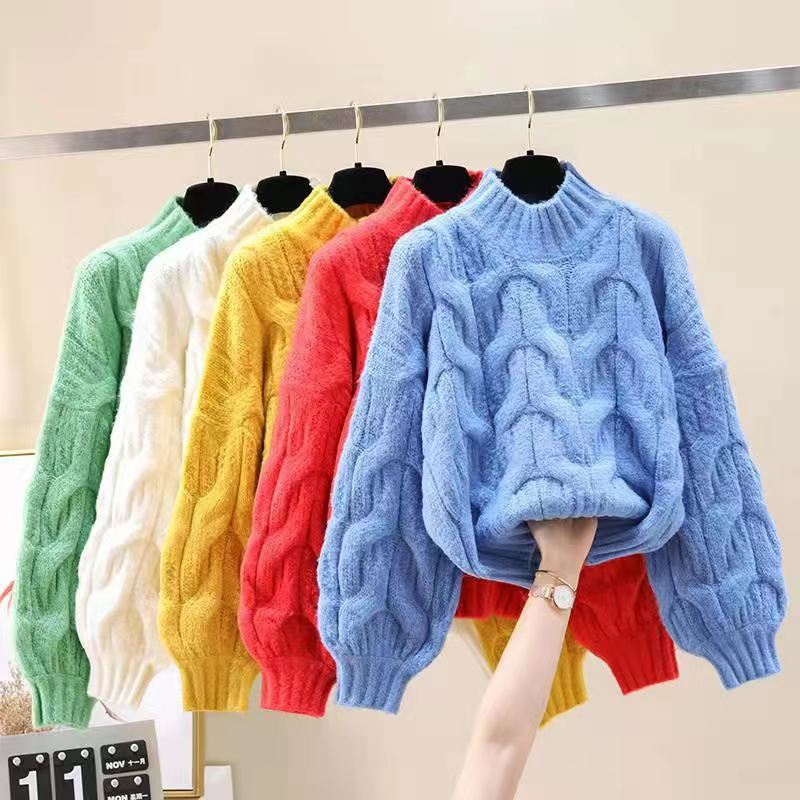 Loose pullover twist lantern sleeve sweater for women