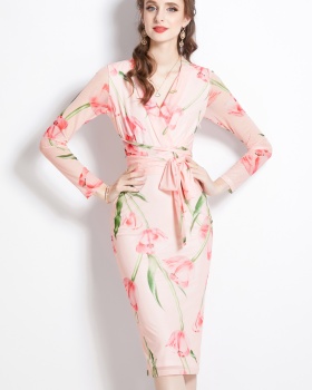 Slim printing package hip long bottoming niche dress