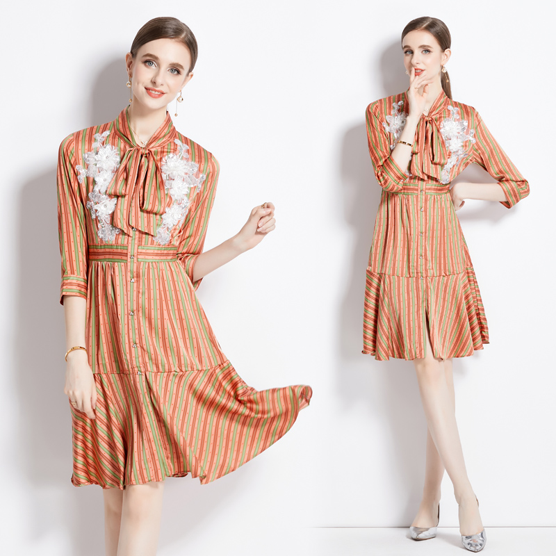 Printing slim pinched waist bow stripe autumn dress for women