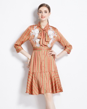 Printing slim pinched waist bow stripe autumn dress for women