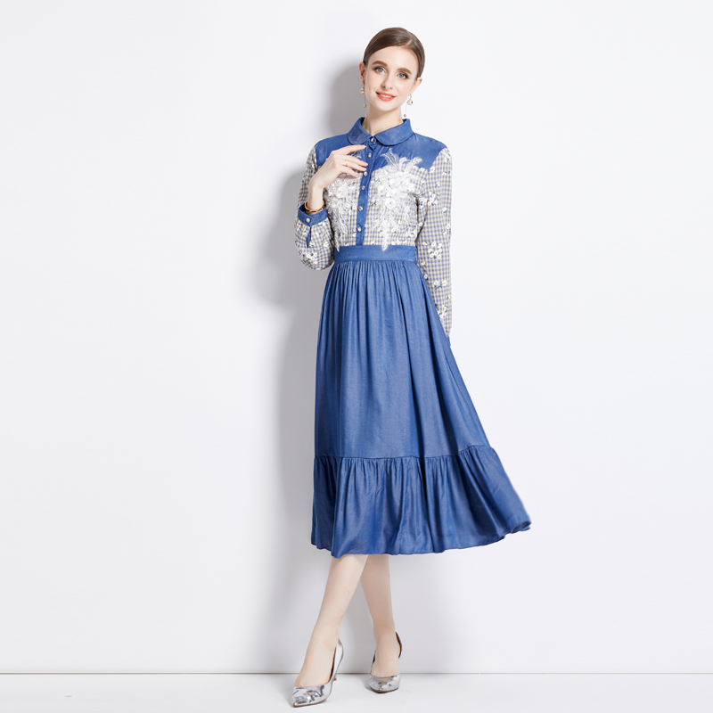 Blue pinched waist denim autumn splice frenum plaid dress