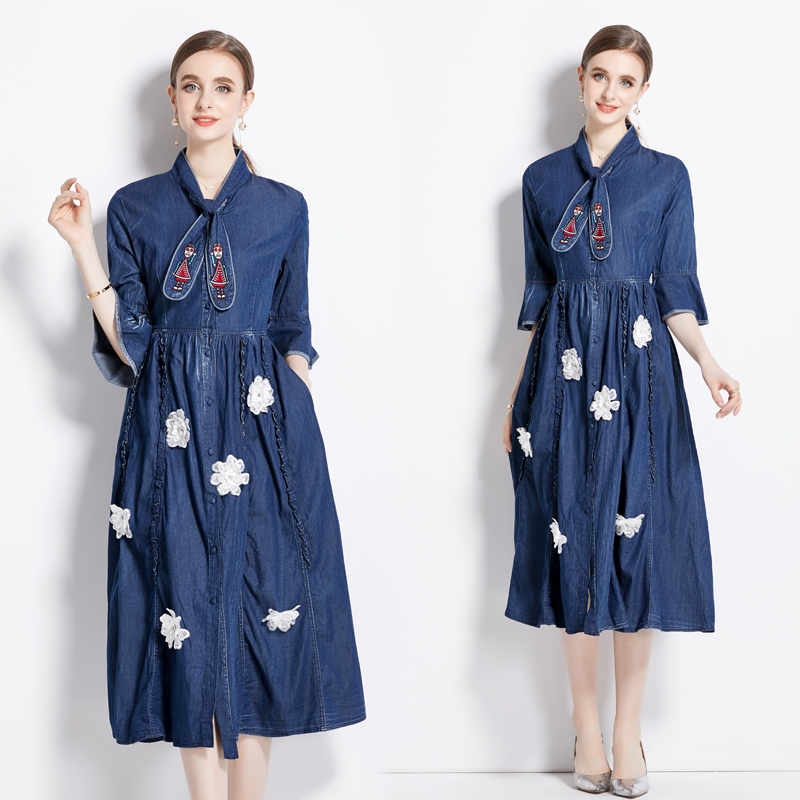 Denim retro embroidery big skirt autumn dress
