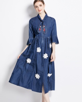 Denim retro embroidery big skirt autumn dress