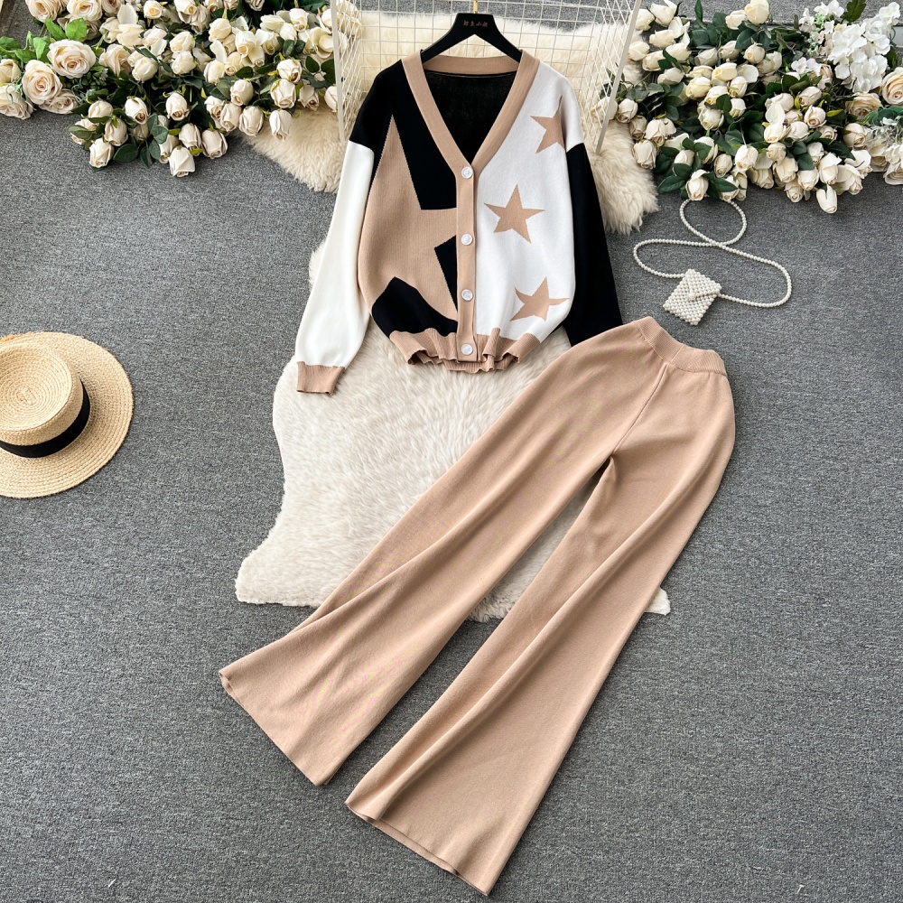 Slim knitted long pants light luxury cardigan a set for women