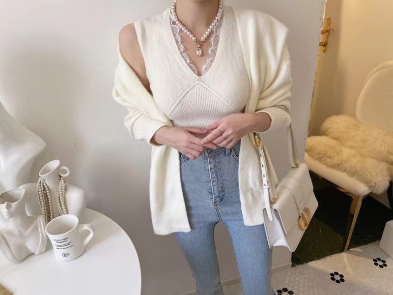 V-neck lace cardigan Korean style knitted vest 2pcs set