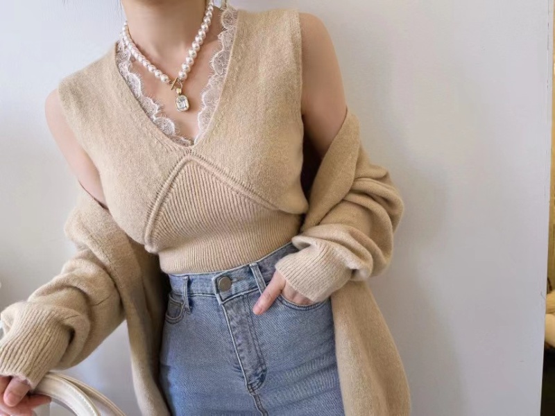 V-neck lace cardigan Korean style knitted vest 2pcs set